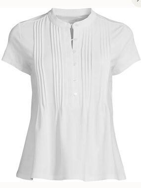 Lands' End White Short-Sleeve Pintuck Front Blouse XL Tall